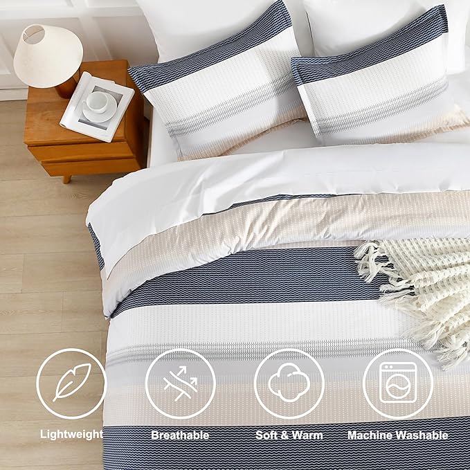 Andency Queen Comforter Set Yellow Blue - 7 Pieces Blue Striped Lightweight Bed in a Bag, Soft Microfiber Reversible Bedding Set with Comforter, Fitted & Flat Sheet, Pillowcases & Shams