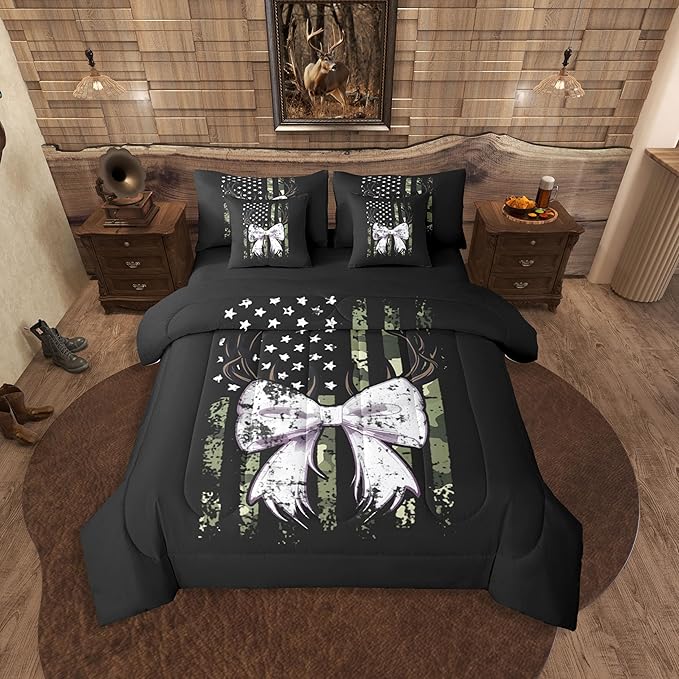 Erosebridal Deer King Comforter Set Elk Bowknot 7-Piece Bed in A Bag Bow Camouflage Antlers American Flag Sheets and Pillowcases Black White Bed Sets