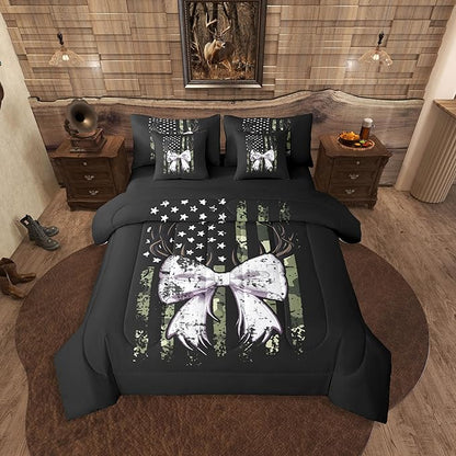 Erosebridal Deer King Comforter Set Elk Bowknot 7-Piece Bed in A Bag Bow Camouflage Antlers American Flag Sheets and Pillowcases Black White Bed Sets