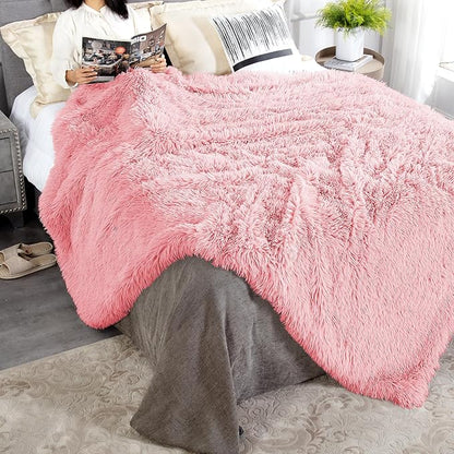 JONIYEAR Oversized Decorative Fluffy Faux Fur Throw Blanket Twin Size 60" x 71", Soft Luxury Lightweight Furry Blankets, Accent Cozy Shaggy Plush Fuzzy Blankets for Bed,Thick Warm Winter Blanket, Pink