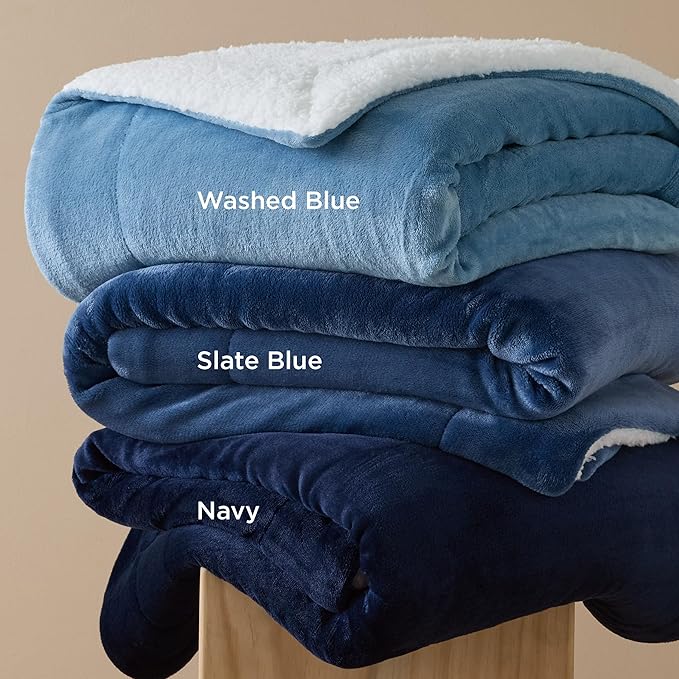Bedsure GentleSoft Sherpa Fleece Blankets Queen Size for Bed - Thick and Warm Throw for Women and Men, Soft Fuzzy Plush Queen Blanket for Winter, Non-Heated, Slate Blue, 90x90 Inches