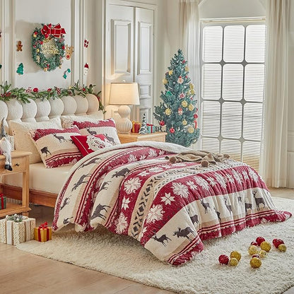 Christmas Sherpa Comforter Set King Size 3 Pieces Red Stripes Cream Snowflake Deer Holiday Winter Bedding Microfiber Warm Fleece Comforter with 2 Pillow Shams - Thanksgiving New Year Gift Choice