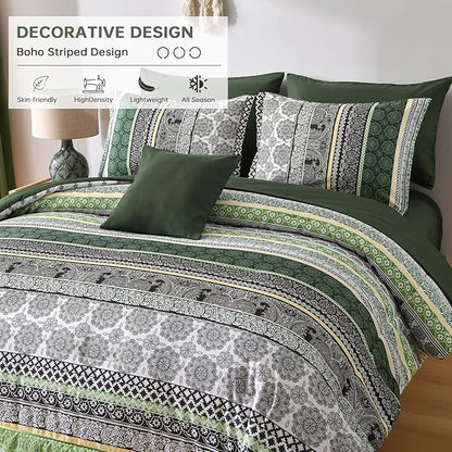 Cottolester Boho Comforter Set King Size,8 Pieces Dark Green Bohemian Striped Bed in a Bag,Paisley Soft Microfiber Bedding Comforter Set