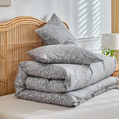 104x90 Floral Comforter Set with 2x20x36 Pillowcases Cozy Warm Bedding Set for Room Decor Bohemian Grey Breathable Quilted Comforter Set for Family, King Size