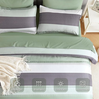 Andency Comforter Set Sage Green Oversized King(120"x98")- 7 Pieces Striped Lightweight Bed in a Bag, Soft Reversible Bedding Set with Comforter, Fitted & Flat Sheet, Pillowcases & Shams