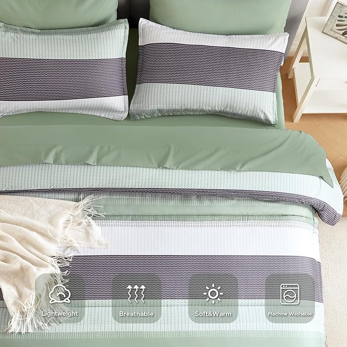 Andency Queen Comforter Set Sage Green - 7 Pieces Green Striped Bed in a Bag, Soft Microfiber All Season Patchwork Bedding Set with Comforter, Fitted & Flat Sheet, Pillowcases & Shams