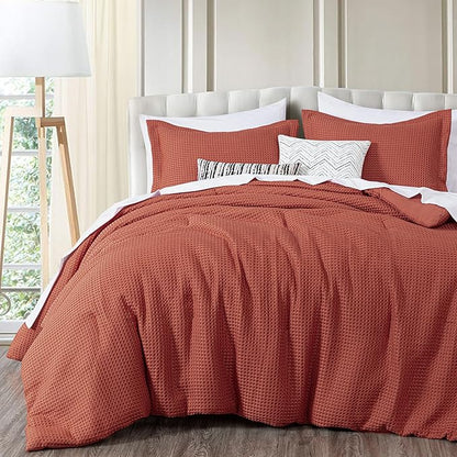 Chezmoi Collection Wilmer 3-Piece Full Comforter Set, Terracotta, Soft and Cozy Lightweight Waffle Weave Comforter Bedding for All Season