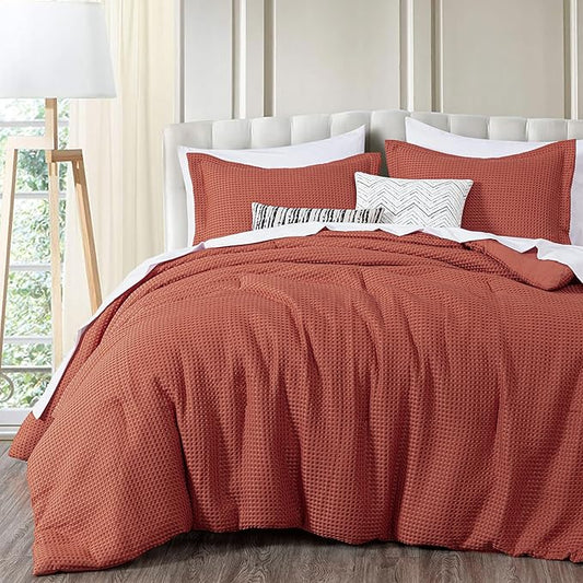 Chezmoi Collection Wilmer 3-Piece Full Comforter Set, Terracotta, Soft and Cozy Lightweight Waffle Weave Comforter Bedding for All Season