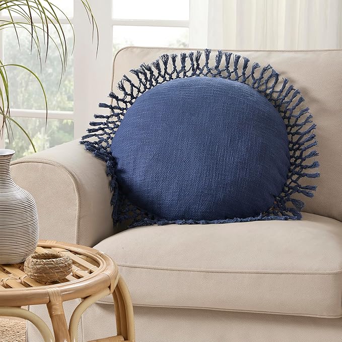 Indigo Ink - Decorative Throw Pillows for Couch or Bed, Boho Home Décor Round Cotton 20" x 20" Pillow with Tassels (Tufted Medallion Collection, Navy Blue)