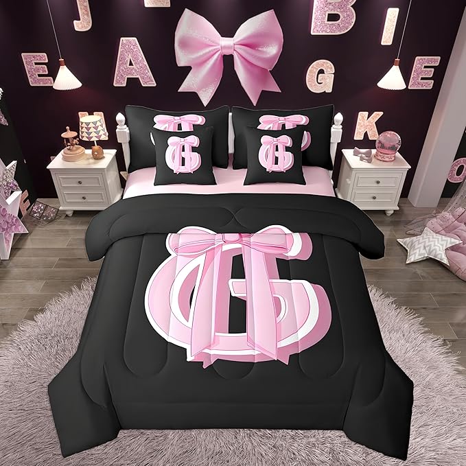 jejeloiu Kids Girls Black Pink Bow Comforter Set with Sheets Full Size Monogrammed 7 Piece Bedding Set Personalized Initial G Bed in a Bag with Comforter,Sheets,Pillowcases Modern Fashion Bed Set
