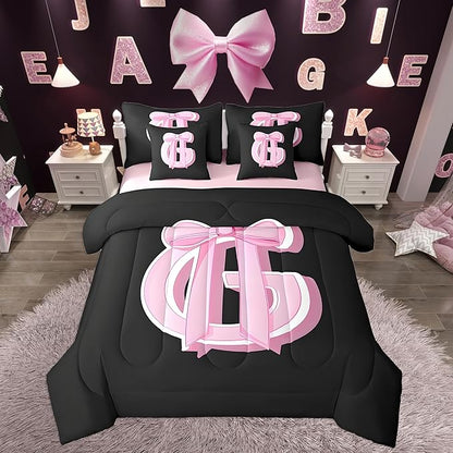 jejeloiu Kids Girls Black Pink Bow Comforter Set with Sheets Queen Size Monogrammed 7 Piece Bedding Set Personalized Initial G Bed in a Bag with Comforter,Sheets,Pillowcases Modern Fashion Bed Set