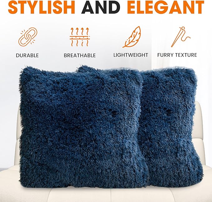 Cheer Collection Throw Pillows for Couch and Bed, Soft Shaggy Throw Pillows with Inserts Included, Cozy Long Hair Faux Fur Pillows - Set of 2-26" x 26" Navy