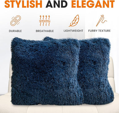 Cheer Collection Throw Pillows for Couch and Bed, Soft Shaggy Throw Pillows with Inserts Included, Cozy Long Hair Faux Fur Pillows - Set of 2-26" x 26" Navy