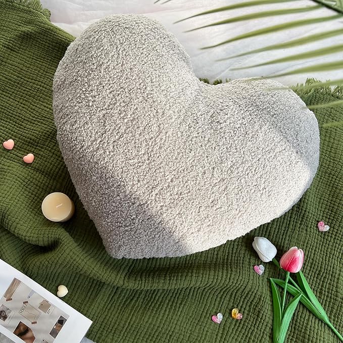 EastTree Heart Pillows, Light Grey Heart Shaped Pillows, Love Throw Pillows, Cute Sherpa Heart Decor, Large Fluffy Pillows, Women Girls Living Bedroom Home Decoration 15x18 Inch