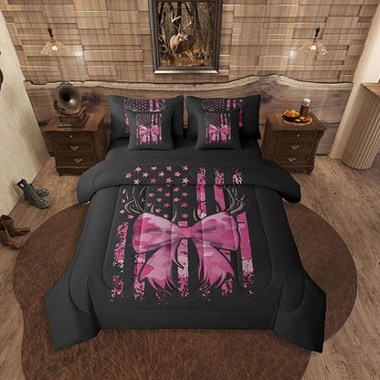 Erosebridal Bow King Comforter Set Deer 7-Piece Bed in A Bag Camouflage Antlers Bowknot American Flag Sheets and Pillowcases Black Pink Bed Sets