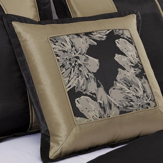 Chezmoi Collection Cameron Comforter Set California King Size, 7-Piece Black Gold Hibiscus Floral Jacquard Bedding Set