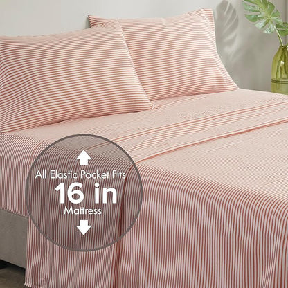 Madison Park Essentials Jaxon Full Comforter Set, Bed in A Bag Comforter & Sheet Set, Modern Casual Stripes Print, All Seasons, Soft Bedding Makeover, Matching Sham, Full Coral/Grey 7 Piece