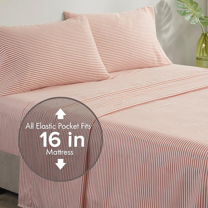Madison Park Essentials Jaxon Queen Comforter Set, Bed in A Bag Comforter & Sheet Set, Modern Casual Stripes Print, All Seasons, Soft Bedding Makeover, Matching Sham, Queen Coral/Grey 7 Piece