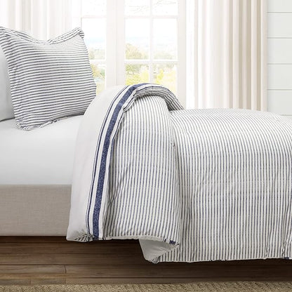 Lush Decor Farmhouse Stripe Reversible Cotton Comforter Set, 2-Piece, Twin XL Navy - Twin Bedding Set - Dorm Decor - Striped Comforter for Farmhouse Bedroom Decor