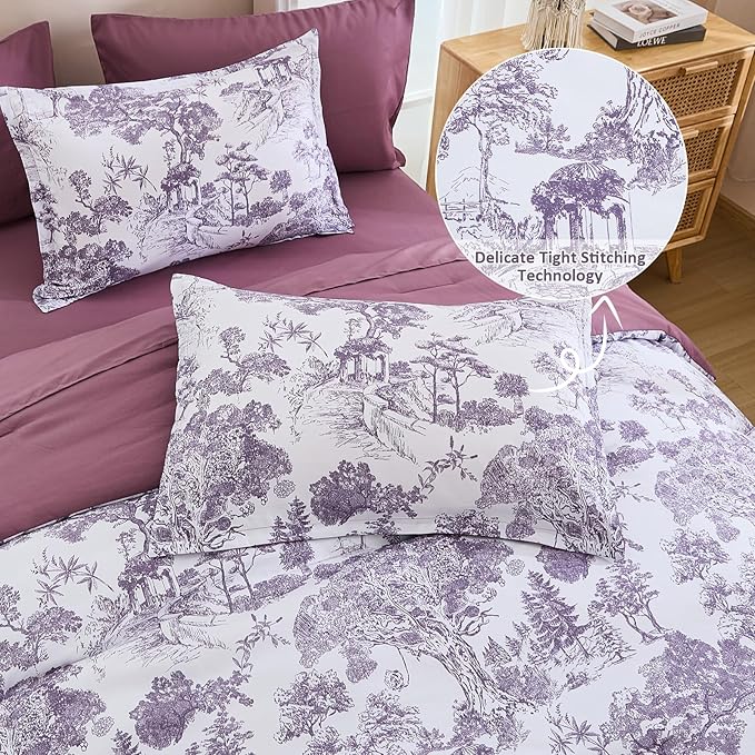 DJY Purple Comforter Set King, 7 Pieces Dark Purple Botanical Comforters King Size Elegant Plants Print with Sheets Bed in a Bag Soft Microfiber Reversible Complete Bedding Sets for All Season