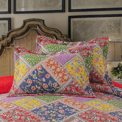 BEDIFANY Cotton King Quilt Set - Vintage Farmhouse Bedspread with Vibrant Floral Pattern, 3-Piece Lightweight Coverlet (98x106 Inch) + 2 Pillow Shams, All Seasons Multicolor Quilt Bedding Set