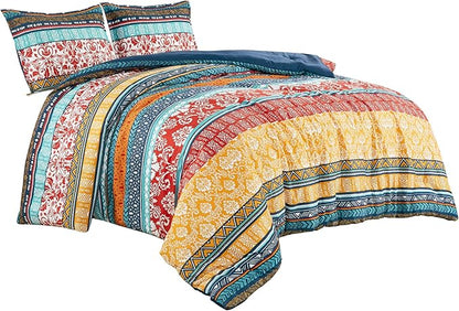 Chezmoi Collection Amara 3-Piece Boho Stripe Full Comforter Set - Floral Colorful Bohemian Printed Microfiber Lightweight Bedding Set