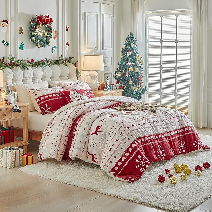 Christmas Sherpa Comforter Set Queen Size 3 Pieces Red Stripes Cream Heart Deer Holiday Winter Bedding Microfiber Warm Fleece Comforter with 2 Pillow Shams - Thanksgiving New Year Gift Choice