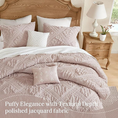 Madison Park Shabby Chic Comforter Set 5-Piece King Size, Puffy Seersucker Textured Grid Pattern Boho Bedding,Dusty Pink Plaid Comforter with 2 Shams & 2 Decorative Pillows