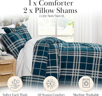 Southshore Fine Living, Inc. Vilano Plaid Collection - Full/Queen Comforter Set, Premium Quality, All-Season Down Alternative, Easy Care, Oversized 3-Piece Comforter Set, Full/Queen, Blue