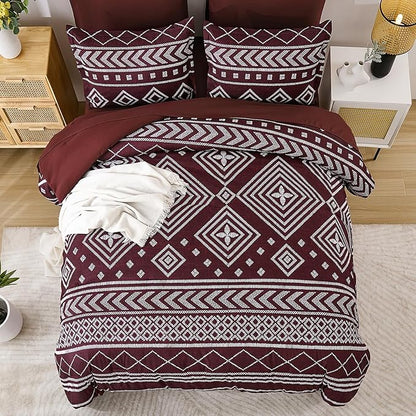 Yiran Burgundy King Comforter Set, 7 Piece Boho Striped Bedding Set, Geometric Aztec Bed in a Bag King, Soft Microfiber Bohemian Complete Bedding Set with Sheets for All Season