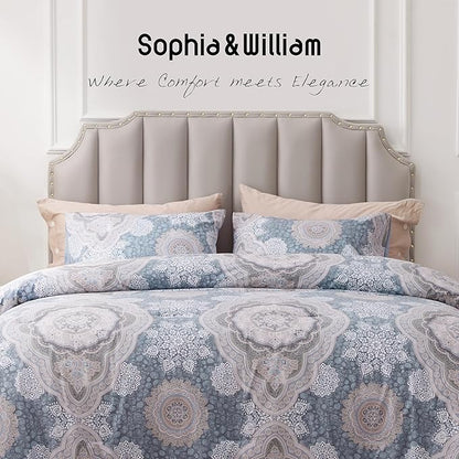 Sophia & William Foggy Blue Damask King Size Comforter Set, 3 Pcs Cotton Comforter Set with Printed Comforter & 2 Pillowcases, All Season Lightweight Bedding Set