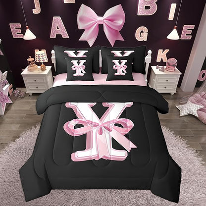 jejeloiu Kawaii Pink Bow Queen Comforter Set with Sheets,Gifts for Women Teen Girl,Monogrammed 7 Piece Bedding Set,Soft Personalized Initial Letter Y Bed in a Bag with Comforter,Sheets,Pillowcases