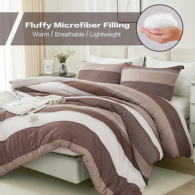 Litanika Brown Comforter Set Queen - 3 Pieces Lightweight Brown White Colorblock Stripe Fluffy Bedding Comforter Sets, All Season Bed Set
