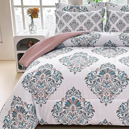 Floral Queen Comforter Set with Sheets, 7 Piece Luxury Vintage Bedding, Soft Microfiber Bed in a Bag, Cozy Lightweight Bed Set, Damask Boho Flower