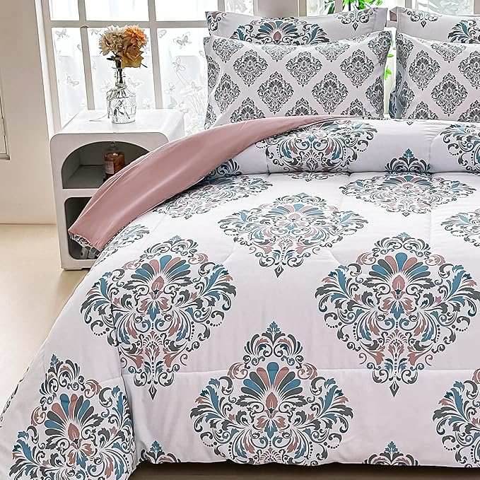 Floral King Comforter Set with Sheets, 7 Piece Luxury Vintage Bedding, Soft Microfiber Bed in a Bag, Cozy Lightweight Bed Set, Damask Boho Flower
