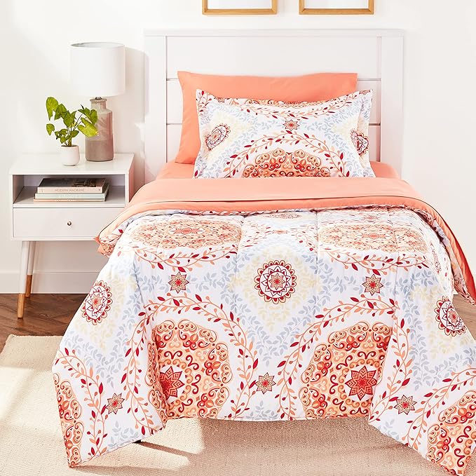 Amazon Basics Twin/Twin XL Lightweight Microfiber Comforter Bedding Set with Printed Sheets, 5-Piece Bed-in-a-Bag, Coral Medallion