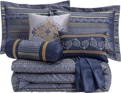 Chezmoi Collection Rio 7-Piece King Jacquard Comforter Set - Blue Gold Floral Geometric Damask Woven Bedding Set