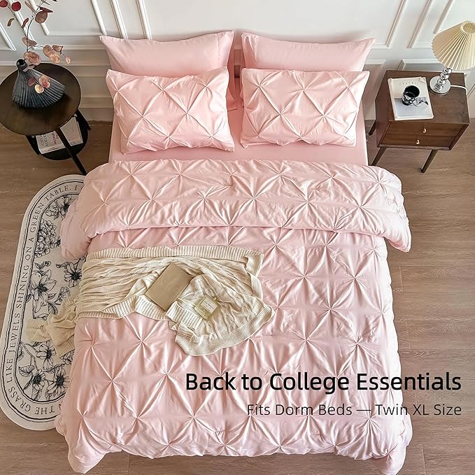 Maple&Stone Twin XL Comforter Set, Extra Long 5 Pieces Dorm Bedding Sets, Bed in a Bag with Pintuck Comforter, Sheets, Pillowcase & Sham - Pink