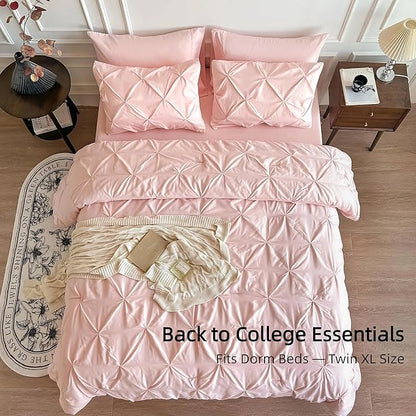 Maple&Stone Twin XL Comforter Set, Extra Long 5 Pieces Dorm Bedding Sets, Bed in a Bag with Pintuck Comforter, Sheets, Pillowcase & Sham - Pink