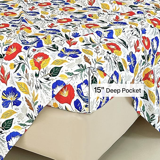 Floral King Comforter Set with Sheets, 7 Piece Luxury Vintage Bedding, Soft Microfiber Bed in a Bag, Cozy Lightweight Bed Set, Blue Orange Flower
