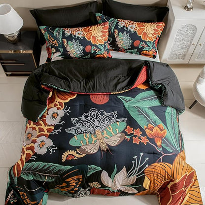 Black Boho Floral King Comforter Set - 3 Piece Farmhouse Botanical Bedding Comforter Sets for All Season Soft Lightweight Mid Century Modern Bed Set, (1 Reversible Comforter and 2 Pillow Shams