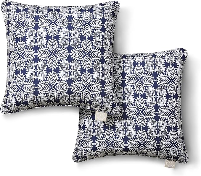 Martha Stewart Tulum Indoor Outdoor Decorative Pillow 2-Pack Set, UV Fade Resistant, Water Repellent, Printed Modern Design, Navy Blue, 18"x18"