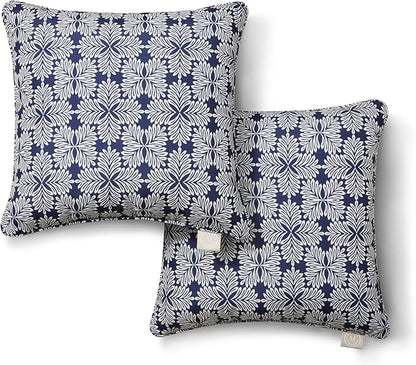 Martha Stewart Tulum Indoor Outdoor Decorative Pillow 2-Pack Set, UV Fade Resistant, Water Repellent, Printed Modern Design, Navy Blue, 18"x18"