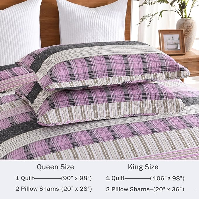 Homzard King Size Comforter Set，Cotton Plaid King Size Quilt，Pink Black Beige Bedding Set，Farmhouse Striped Bedspread Set，Lightweight Reversible Coverlet All Season 3 Pieces