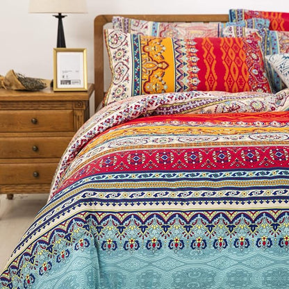 Goodidea Striped Bohemian Comforter Set Queen Size 3 Pieces Boho Hippie Geometric Bedding Set Soft Breathable Reversible Microfiber Boho Comforter with 2 Pillowcases(20"x26")