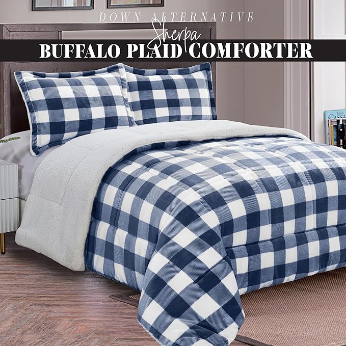 Elegant Comfort 3-Piece Buffalo Lodge-Plaid Comforter Set, Luxurious, Heavyweight,All Season, Down Alternative-Micromink Sherpa-Backing Reversible Micro-Suede, Soft and Plush, Twin XL, Navy Blue/White