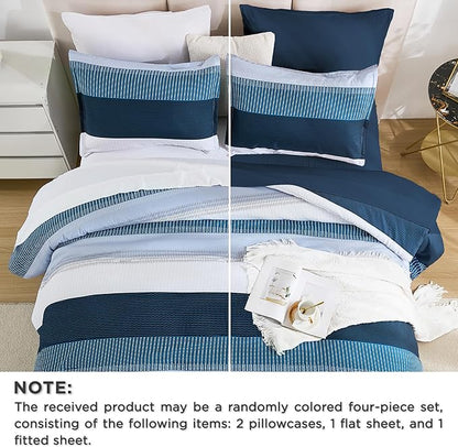Andency Full Size Comforter Set Navy - 7 Pieces Striped Lightweight Bed in a Bag, Soft Microfiber Reversible Bedding Set with Comforter, Fitted & Flat Sheet, Pillowcases & Shams