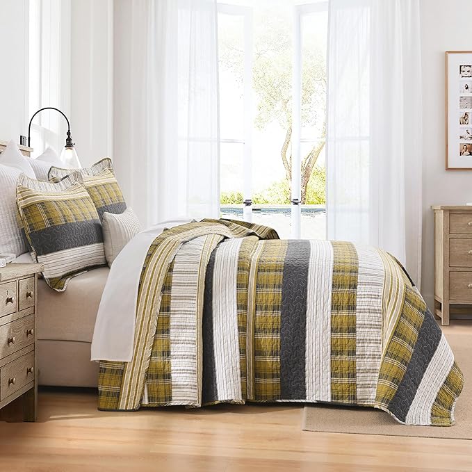 Homzard King Comforter，Cotton King Size Quilt，Amber Green Black Bedding Set，Plaid Striped Bedspread，Lightweight Reversible Coverlet 3 Pieces