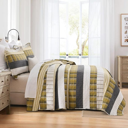 Homzard King Comforter，Cotton King Size Quilt，Amber Green Black Bedding Set，Plaid Striped Bedspread，Lightweight Reversible Coverlet 3 Pieces