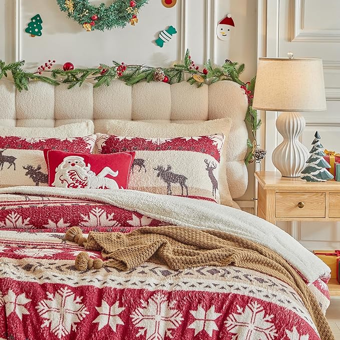 Christmas Sherpa Comforter Set Queen Size 3 Pieces Red Stripes Cream Snowflake Deer Holiday Winter Bedding Microfiber Warm Fleece Comforter with 2 Pillow Shams - Thanksgiving New Year Gift Choice